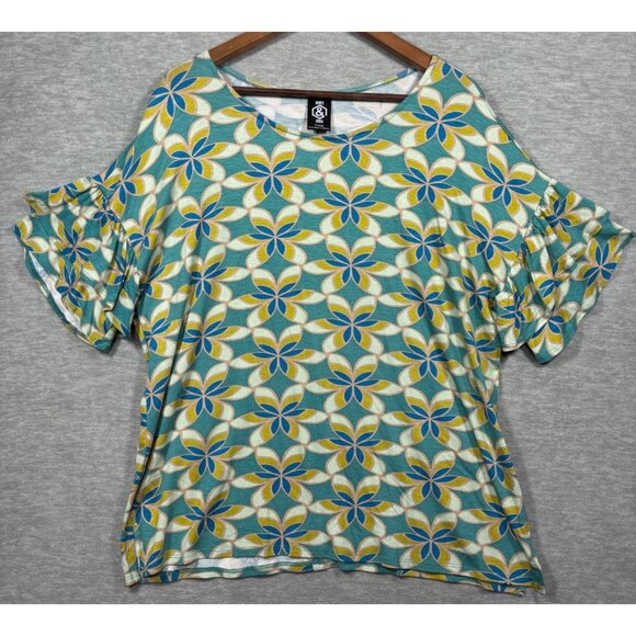 Agnes & Dora XL Frill Sleeve Top Womens Turquoise Geometric Pattern - Picture 1 of 5